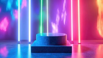 Abstract 3d rendered podium with neon lights in a futuristic cyberpunk style for product presentation and display photo
