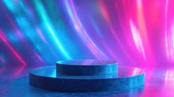 Empty circular stage with neon light background ideal for product presentation and futuristic digital content photo