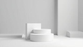 Minimalist white product display podium stage with geometric shapes for presentation mockup photo