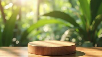 Wooden product display platform with green leaves and bokeh background for modern presentation. photo