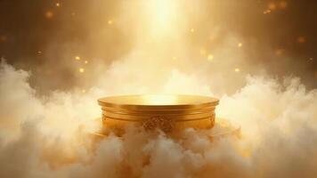 Golden podium platform floating amidst glowing clouds and particles displaying a conceptual elegant scene photo