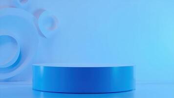3d rendered blue cylindrical product display podium with abstract geometric shapes and a gradient background photo