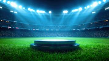 Stadium podium presentation concept illuminated with spotlights and green grassy field for product placement photo