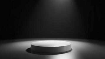 Minimalist 3d render of a white cylindrical podium illuminated in a dark studio environment photo
