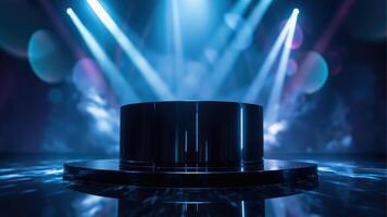 Illuminated display stand with spotlights and atmospheric effects for product presentation photo