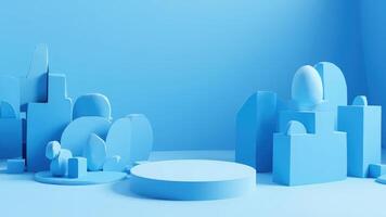 Abstract 3d render of a minimalistic blue product display platform and geometric shapes photo