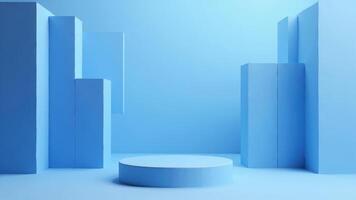 Minimalistic 3d render of a blue product podium with geometric shapes and empty space for display photo
