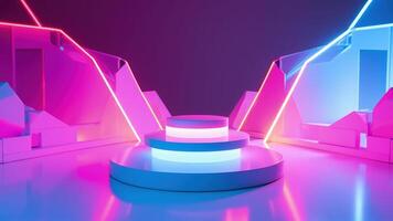 Abstract neon stage with modern geometric architecture and futuristic glowing lighting design photo