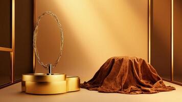 Elegant golden display with oval wire frame and velvet cloth for product presentation and background photo