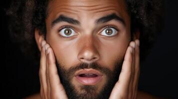 Close up of a man with an astonished expression. Hands on cheeks, wide eyed, surprised photo