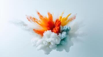 Colorful explosion of powder paints. A vibrant display of orange, yellow, red, and blue pigments exploding in a cloud like formation. A dynamic and artistic representation of color photo