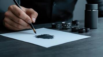A person is holding a pen and writing on a piece of paper photo