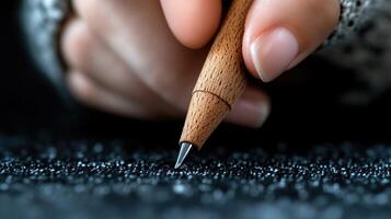 A person holding a pencil and writing on a piece of paper photo