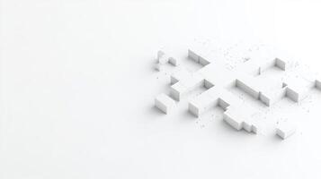 White Cubes Small Particles Minimalist Style High-Resolution Soft Lighting Wide Angle Scattered Arrangement Digital Disintegration White Background Clean Aesthetic Tech Website Design photo
