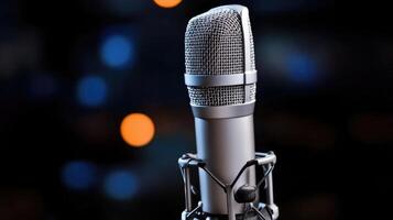 Professional studio microphone. Close up shot of a high quality microphone against a blurred background of stage lights photo