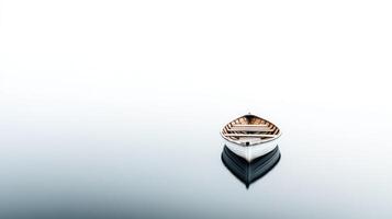 Small rowboat on a reflective surface. A miniature wooden rowboat sits perfectly centered on a smooth, reflective surface. The boat's light color contrasts with the cool tones of the background. photo
