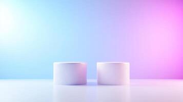 White Cylinders on Platform Neon Studio Style High-resolution Lighting Frontal Centered View Minimalist Product Display Empty Gradient Background Cool Pastel Tones Ideal for Mockups photo