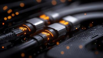 Close up view of intricate circuit board components, highlighted by orange glow. Connections and wiring are meticulously detailed. Advanced technology, likely server or high performance computer photo