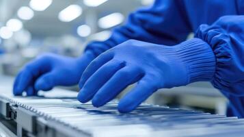 Worker in blue gloves handling components on a conveyor belt in a cleanroom photo