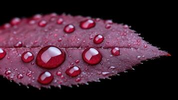 Close up of a vibrant, deep red leaf, adorned with glistening water droplets photo