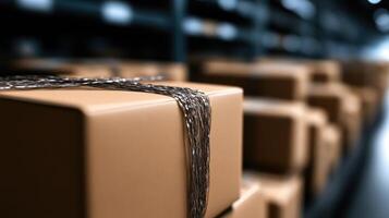 Stacked cardboard boxes, tied with twine, in a warehouse photo