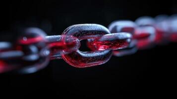 A closecup view of a chain link, highlighted by red. A strong sense of restriction and connection photo
