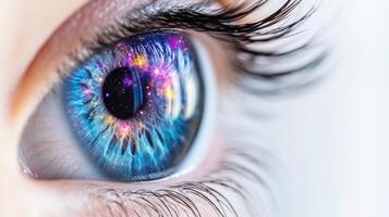 Human Eye Cosmic Reflection Surreal Artistic Style High Detail Closecup View Intricate Iris Design Contemplation White Background Vibrant Hues Ideal for Fantasy Art photo