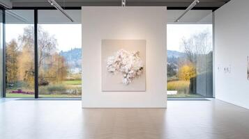 Modern art exhibit featuring a large, light beige, abstract painting, set against a bright white gallery wall. Large windows showcase a tranquil autumnal landscape photo
