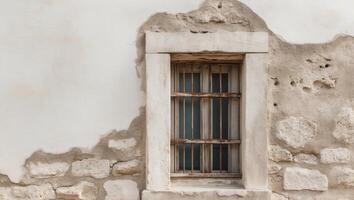 An old window with a wooden frame on a wall photo