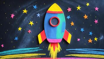 A colorful rocket ship is sitting on a blackboard photo