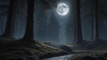 A full moon is shining over a forest at night photo