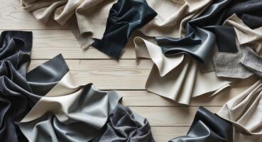 Assorted Fabrics Laying on a Wooden Surface. Leather, Velvet, and Linen Textiles photo