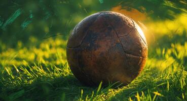 Vintage Soccer Ball Lying on Green Grass with Sunlight, Rustic and Nostalgic Sport Vibe photo