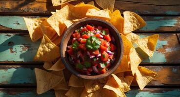 Pico de Gallo Salsa Bowl with Tortilla Chips on Rustic Wooden Table, Top View photo