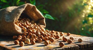 Nutty hazelnuts in a sack on a wooden table photo