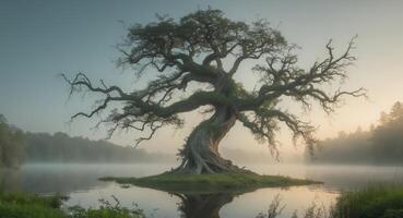 A large tree is standing in the middle of a lake photo