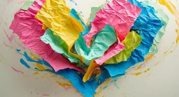 A heart made of crumpled paper with colorful paper photo