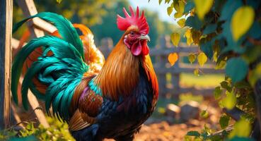 A rooster with colorful feathers standing in the grass photo