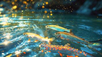 Fish swimming in the water with sunlight shining on them photo