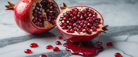 Pomegranate Halves with Seeds and Juice on Marble, a Vibrant and Nutritious Still Life photo