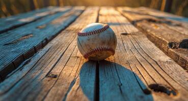 A baseball sits on a wooden table in front of the sun photo