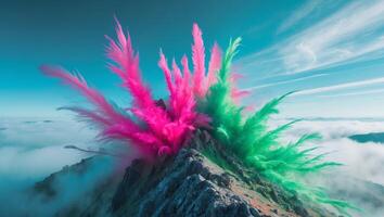 Colorful feathers are flying in the air above a mountain photo