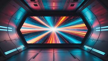 A futuristic looking room with a large screen photo