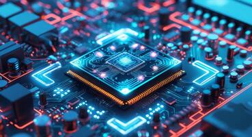 Futuristic Circuit Board. A CloseUp View of Advanced Microchip Technology, Innovation. photo