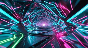Abstract Neon Tunnel with Cyan, Pink, and Green Lights Leading to a Distant Light photo