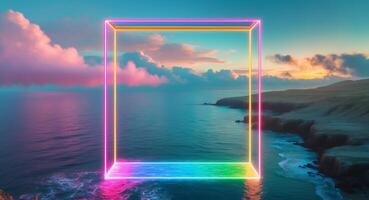 A neon colored frame with a beach and ocean in the background photo