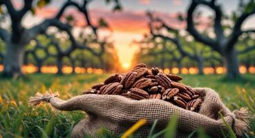 Peanuts in a sack on the grass at sunset photo