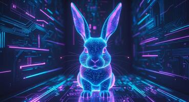 A rabbit in a futuristic background with neon lights photo