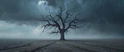 A tree stands alone in a field under a stormy sky photo