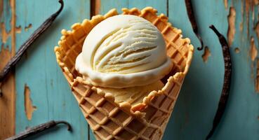 Vanilla ice cream in a waffle cone on a blue wooden table photo